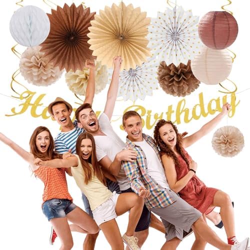 White-Brown Champagne-Gold Boho Birthday Party-Decorations - 21pcs Happy Banner,Beige Neutral Rustic Paper Lanterns Honeycomb, Hanging Streamers,Tissue Pom Poms Flower Fan,Fall Decor Supplies Huglony - Image 6