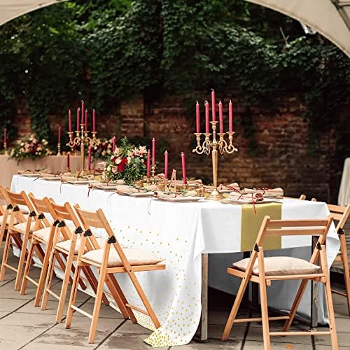 16Pack Disposable Plastic Tablecloths and Satin Table Runner Set White and Gold Dot Tablecloth Gold Satin Table Runner for Wedding Birthday Baby Shower Anniversary Christmas New Year Party Decorations - Image 7