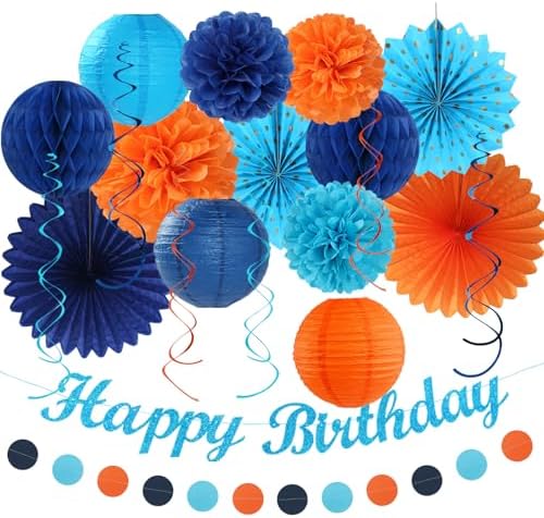 Orange Blue Men Birthday Decorations - 21pcs Happy Banner Garland,Bluey Paper Streamers Lanterns,Flower Tissue Pom Poms Fan Supplies,Hanging Wall Backdrop Party Decor Huglony by Huglony