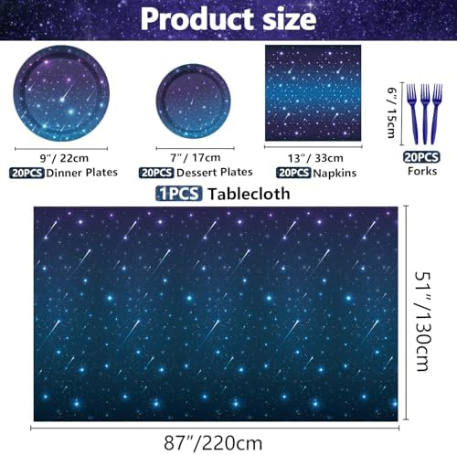 Outer Space Party Supplies for 20 Guests, Disposable Tableware Set Includes Starry Night Paper Plates, Napkins, Forks, Tablecloth for Kids Space Galaxy Theme Birthday Decorations - Image 2