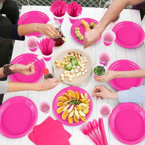Aodaer 200 Pieces Hot Pink Party Supplies Disposable Dinnerware Set Include Plastic Plates Cups Knives Forks Spoons Paper Napkins for Birthday Wedding Graduation Parties, Serve 25 Guests - Image 6