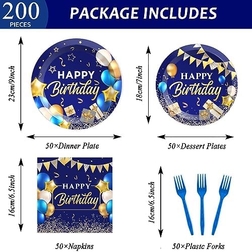 gisgfim 50 Guests Blue and Gold Birthday Plates and Napkins Party Supplies Navy Blue Party Tableware Set Blue Birthday Decorations Favors for Men Women Baby Shower 200 PCS - Image 2