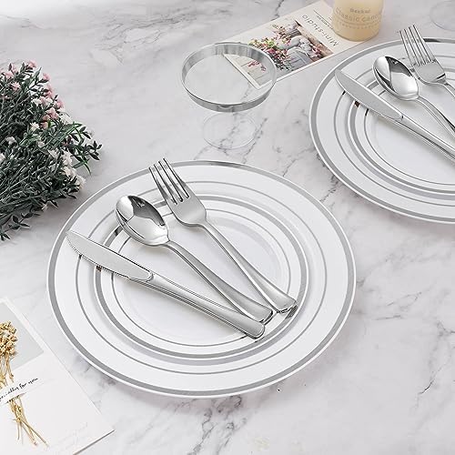 BESTVIP 300PCS Plastic Dinnerware Set, Silver Disposable Plates - Image 6