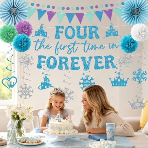 Four the First Time in Forever Birthday Decoration, 20PCS Frozen 4th Banners with Hanging Swirls Party Decorations, Princess 4 Years Old Paper Fans Poms and Pennant Banners Decor Supplies - Image 5
