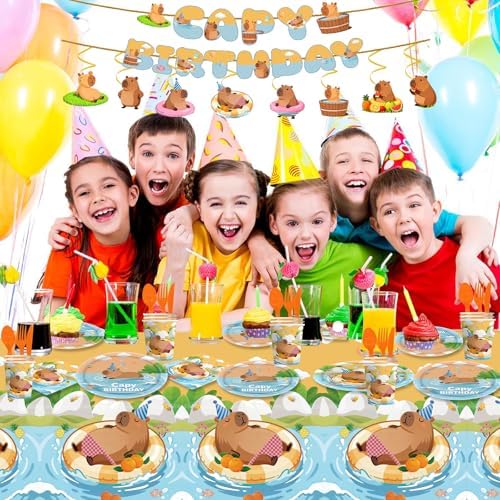 Capybara Birthday Decorations Tableware Set, Includes Banner, Cake Topper, Balloons, Plates and Napkins for Capybara Birthday Party, Service 20 Guests - Image 2