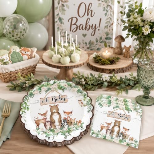 50 Pcs Woodland Baby Shower Plates and Napkins, 7 Inch Forest Animal Set - Image 5