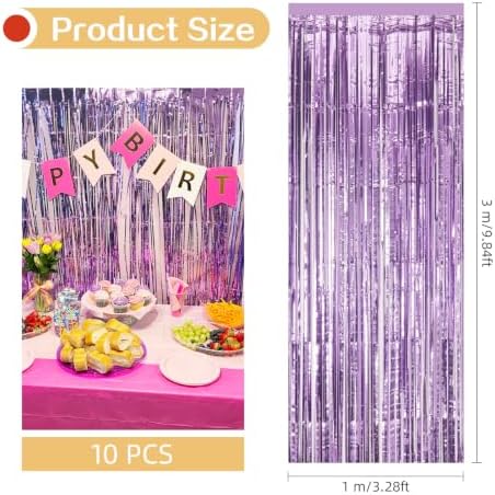 10 Pack Light Purple Foil Curtain Backdrop 3.2ft x 9.8ft Metallic Tinsel Foil Fringe Curtains Streamer Photo Booth Backdrop for Birthday Party Halloween Christmas New Year Party Supply - Image 3