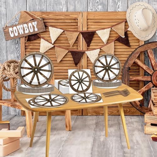 96Pcs Western Cowboy Party Paper Plates and Napkins for Western Party Supplies Wooden Wagon Wheels Themed Paper Dessert Plates Tableware Set for Kids Boys 24 Guests Birthday Party Decoration - Image 6