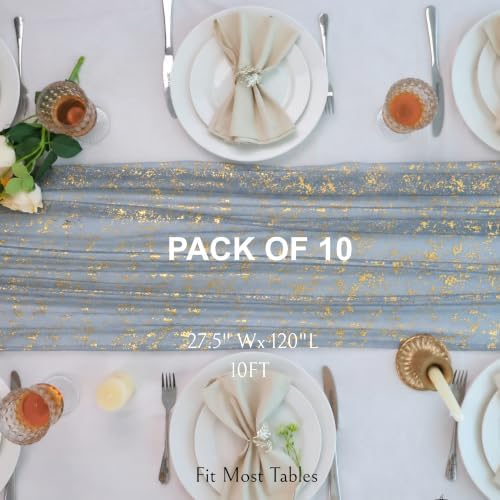 10Pcs Dusty Blue Gold Table Runner Metallic Foil Shimmer Sheer Gauze 10ft - Image 2