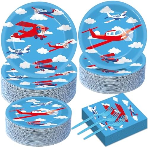 Qyeahkj 50 Guests Airplane Plates and Napkins Party Supplies Plane Party Decorations Disposable Tableware Set Blue Sky Helicopter Paper Cake Dessert Dinnerware Favor for Kids Boys Baby Shower, 200PCS by Qyeahkj