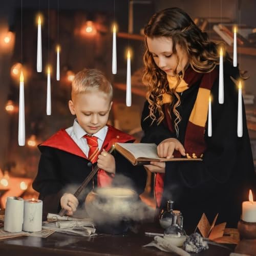 kakoya Flameless Floating Candles with Wand，20 Pcs Magic LED Hanging Taper Candles，Flickering Battery Operated Taper Candle with Wand Remote for Halloween Decorations Best Gift（White） - Image 3
