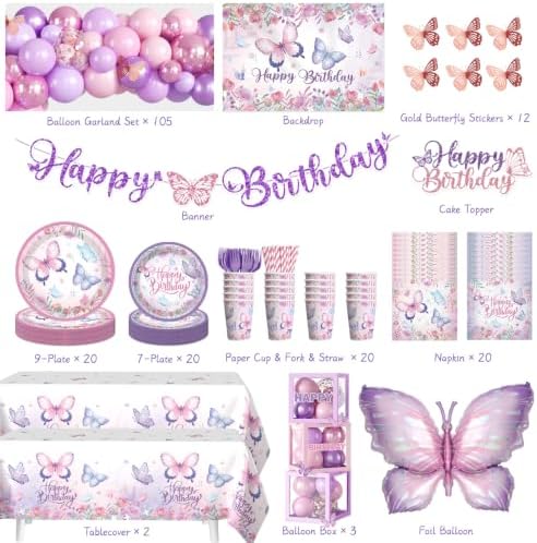 256pcs Butterfly Birthday Decorations Complete Party Set, Butterfly Theme Birthday Decorations, Serves 20pcs Plates, includes Banner Backdrop Balloon Arch Tableware Tablecloth - Image 2