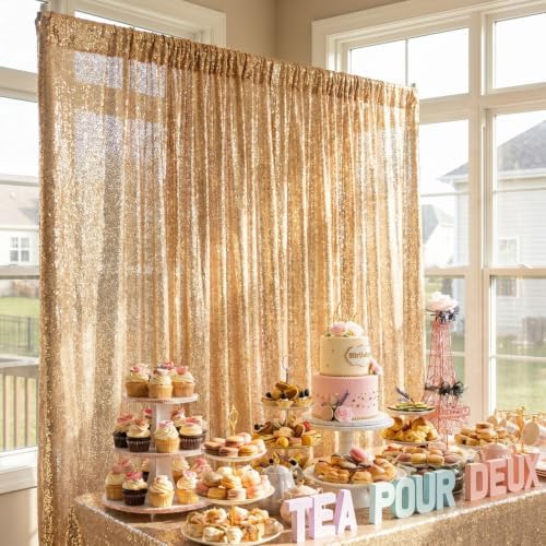 ShinyBeauty Photobooth Backdrop 4FTx7FT Light Gold Sequin Fabric - Image 2
