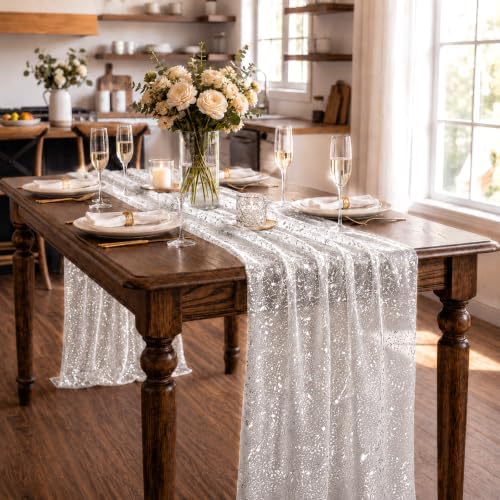 4Pcs White Silver Gauze Table Runner with Glitter Metallic Foil - Image 3