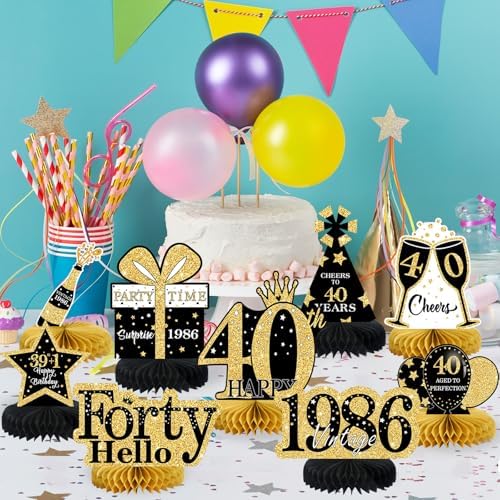 9 Pcs 40th Birthday Decorations Honeycomb Centerpieces for Women Men, Black Gold 1986 Aged to Perfection Vintage Centerpieces for Tables Toppers,Forty Years Party Decorations Supplies - Image 4