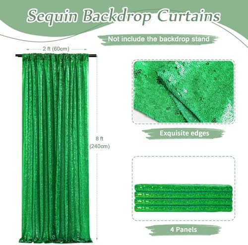 Green Sequin Backdrop Curtains-4 Panels 2FTx8FT Green Backdrop for St Patricks Day, Glitter Party Decorations Background Drapes for Wedding Birthday Anniversary Graduation Photo Booth Decor - Image 3