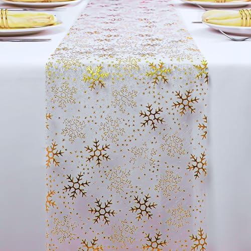 Snowkingdom 2 Pcs Christmas Snowflake Gold Table Runner Sparkly Golden Metallic Foil Runners Decorations Glitter for Winter Festival Holiday Home Party Seasonal - Image 3