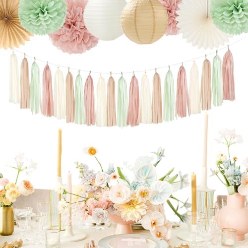 Sage-Green Pink-Beige Bridal-Shower Party-Decorations - 36pcs Bride to Be Banner,Bachelorette Paper Lanterns,Neutral Wedding Streamers Garland,Boho Tissue Pom Poms Flower Fan Decor Supplies Burgleda - Image 4