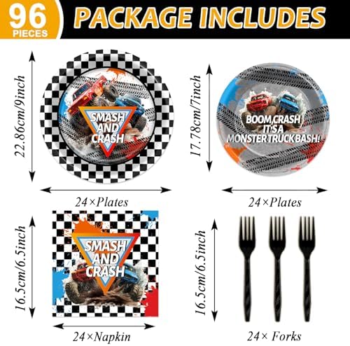 96Pcs Monster Truck Party Plates and Napkins for Monster Truck Birthday Party Supplies Paper Dessert Plates Tableware Set for Kids Boys 24 Guests Birthday Decorations - Image 2