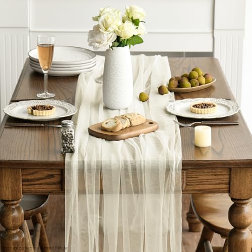 Artoid Mode 6PCS Beige Gauze Table Runner 120 Inch 10FT, Seasonal Sheer Kitchen Dining Holiday Wedding Birthday Baby Shower Table Decor for Home Party - Image 3
