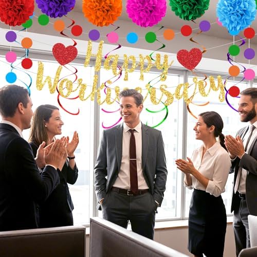 Happy Workiversary Party Decorations Colorful Glittery Work Anniversary Banner Hanging Swirls Paper Pompoms Circle Dots Garland for Men Women Office Employee Worker Appreciation Party Supplies - Image 5