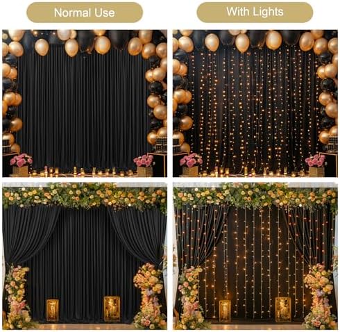 Black Backdrop Curtain with Lights String for Parties,10x10FT Wrinkle Free Black Drapes Wedding Photo Backdrop Curtains for Baby Shower Birthday Ceremony Reception Home Party Decorations - Image 3