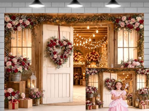 Rustic Wooden Farmhouse Door Backdrop Red Pink Floral Wreath String Lights Barn Wedding Photography Background Country Bridal Shower Valentine Party Photo Booth Decor 6x6 FT - Image 2