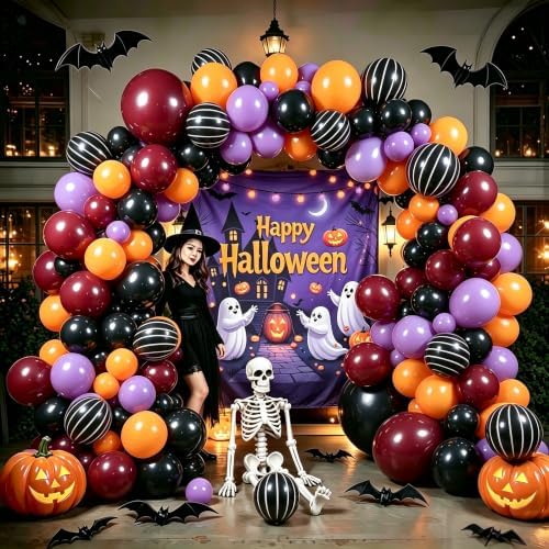 152Pcs Halloween Balloons Arch Kit with Halloween Backdrop and 3D Bat, Orange Black Purple Burgundy Balloons Garland Arch Kit for Spooky One Costume Halloween Birthday Party Decorations - Image 7