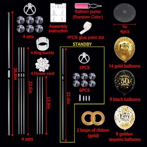 TONIFUL 4 Set Black Gold 50 Printed Balloon Stands for 50th Birthday Decor - Image 2