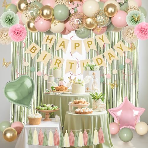 Pink and Green Birthday Decorations Women Girls Happy Birthday Supplies - Image 7