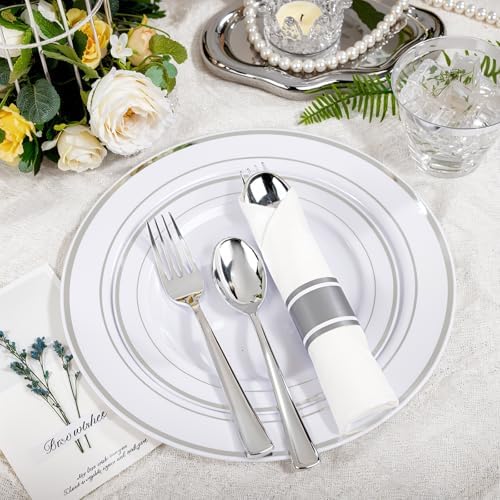 WELLIFE 700 Pcs Silver Plastic Plates for 100 Guests -Party Supplies Includes 200 Silver Plates,300 Plastic Silverware,100 Napkins,100 Cups for Party and Wedding - Image 4