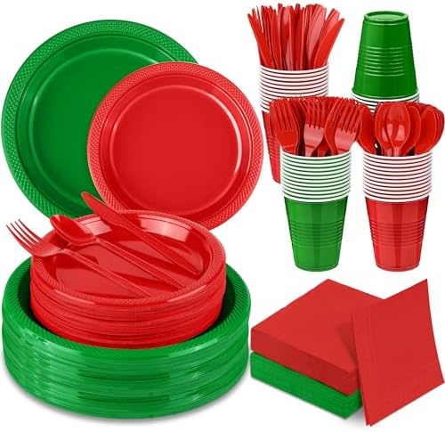 Aodaer 400 Pieces Christmas Party Supplies Red Green Plastic Dinnerware Include Plates Cups Knives Forks Spoons Paper Napkins for Christmas Birthday Wedding Parties, Serve 50 Guests by Aodaer
