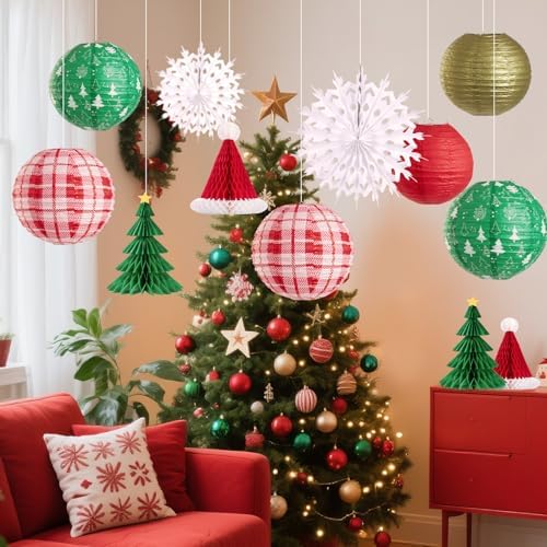 Christmas Hanging Decorations, 12 PCS Paper Lanterns, Honeycomb Christmas Trees, Hanging Paper Fans, Red Green Gold White Holiday Party Supplies for Home Xmas Holiday Party - Image 5