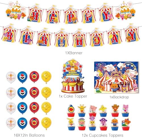 Circus Theme Birthday Party Decorations, Cartoon Carnival Animal Party Supplies with Happy Birthday Banner, Backdrop, Balloons, Cake & Cupcake Toppers for Carnival Themed Kids Birthday Party Decor - Image 2