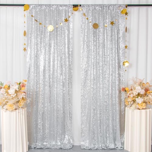ShinyBeauty Silver Sequin Backdrop 2 Pieces, Photograph Background 7FTx7FT Shiny Gray Backdrop Curtains Panels Sparkly Backdrops Glitter Drapes for Weddding,Parties,Studio,Photo Decor（14FTx7FT） - Image 3