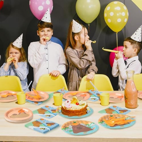 96Pcs Capy Cute Cartoon Animal Orange Party Plates Supplies Tableware Decorations Disposable Paper Plates Napkins Forks for Kids Birthday Baby Shower, Serves 24 - Image 6