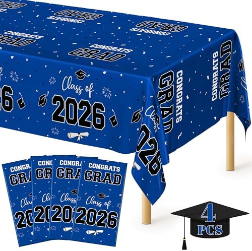 QZYL 4 Pack Graduation Tablecloth, 54" x 108" Blue Graduation Table Decorations 2026, Plastic Tablecover for Class of 2026 Congrats Grad, Rectangle Disposable Grad Party Decorations Supplies Favors by QZYL