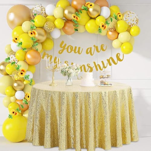 Pufogu 120" Round Gold Sequin Tablecloth Glitter White Table Cloths for Birthday Wedding Bridal Baby Shower Party Decorations - Image 5