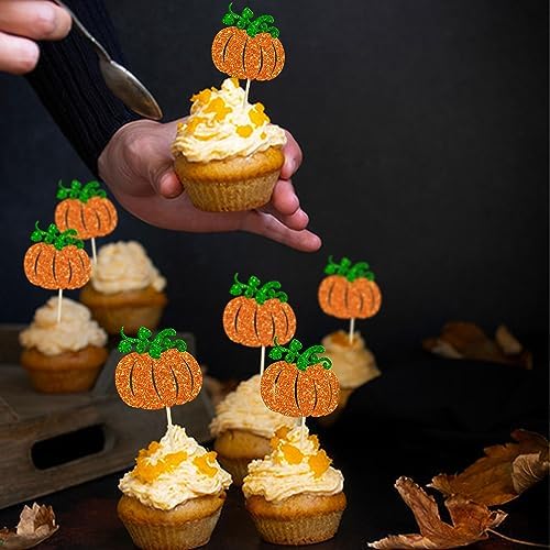 24Pcs Pumpkin Cupcake Toppers Glitter Fall Theme Cupcake Picks Pumpkin Themed Baby Shower Birthday Thanksgiving Halloween Party Cake Decorations Supplies Orange - Image 5