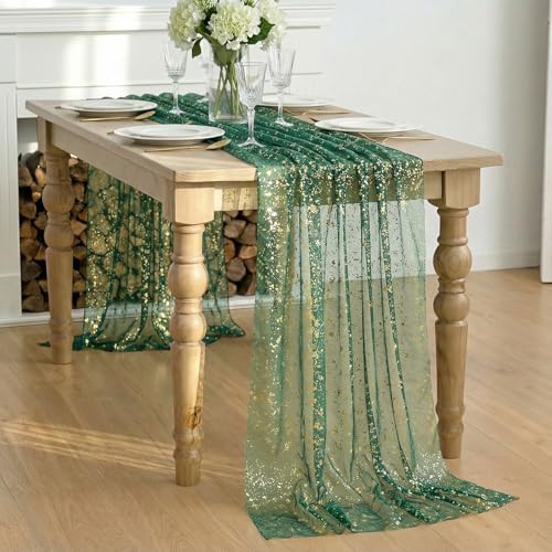 Artoid Mode Green Gold Gauze Table Runner 59x120 Inch 10FT, Glitter Metallic Foil Sheer Dining Wedding Anniversary Holiday Table Decor for Home Party - Image 5
