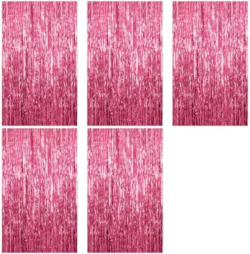 5 Pack Foil Curtain Backdrop Pink Metallic Tinsel Foil Fringe Curtains Photo Booth Props for Birthday Wedding Engagement Baby Shower Bachelorette Christmas Holiday Celebration Party Decorations by KEJ