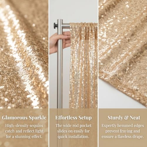 ShinyBeauty Light Gold Sequin Backdrop 8x10ft Fabric Drapes Birthday Party - Image 3