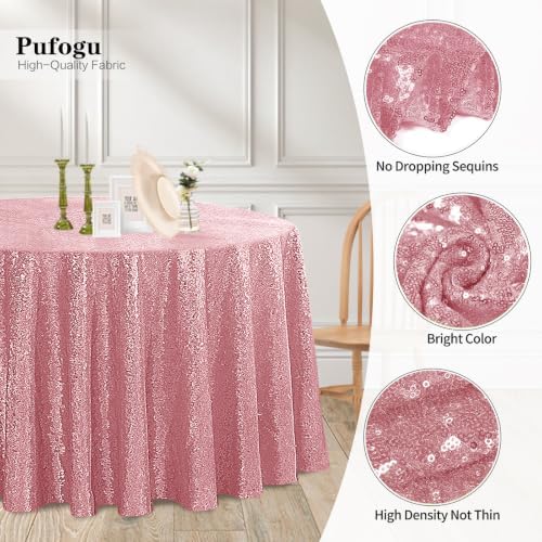 Pufogu 120" Round Light Pink Sequin Tablecloth Glitter White Table Cloths for Birthday Wedding Bridal Baby Shower Party Decorations - Image 3