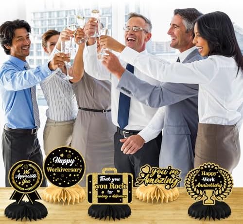 9Pcs Happy Work Anniversary Decorations Black Gold Happy Workiversary Table Honeycomb Centerpieces Office Anniversary Party Table Topper Decor for Employee Worker Anniversary Appreciation Supplies - Image 6