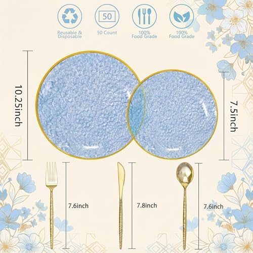 I00000 150 Pcs Clear Blue Plastic Plates, Disposable Hammered Party Plates - Image 3