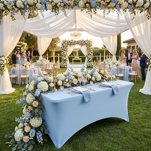 Fixwal 3 Pack 6FT Light Blue Tablecloth Rectangle Spandex Table Cover - Image 2