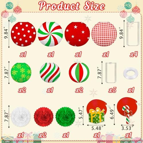 15PCS Christmas Party Decorations Set – 9 Red White Green Paper Lanterns, 4 Pom Poms, 2 Hanging Swirls for Xmas Indoor, Home, Porch, Holiday Decor - Image 4