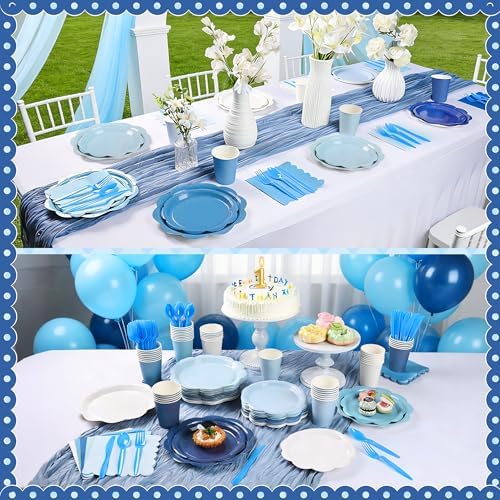 350 Pcs Blue Party Supplies Set - Blue Paper Plates and Napkins Set Include Gradient Blue Scalloped Paper Plate Napkin Cup Spoon Fork Knife for Birthday, Baby Shower, Wedding Forest Events - Image 3
