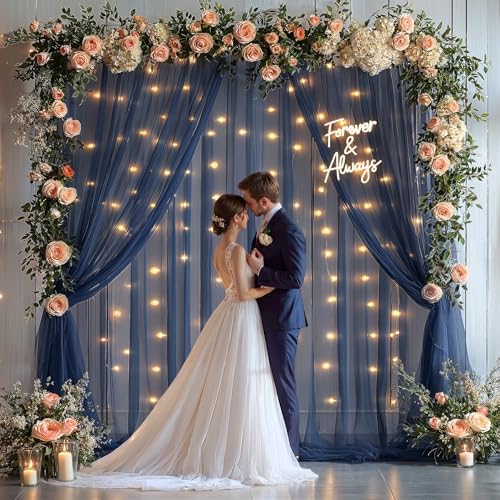 10x10ft Navy Blue Tulle Backdrop Curtain with Lights String for Parites, Sheer Photo Backdrop Curtains with Lights for Wedding Backdrop Ceremony Reception Bridal Shower Baby Shower Birthday Party - Image 6