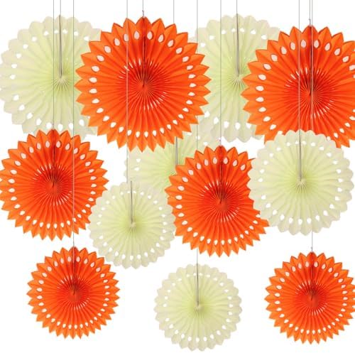 12PCS Orange and Beige Paper Fans Party Decorations,Hanging Ceiling Honeycomb Round Tissue Paper Fans for Sunset Autumn Birthday Wedding Party Decorations by CC+wonderland+zone